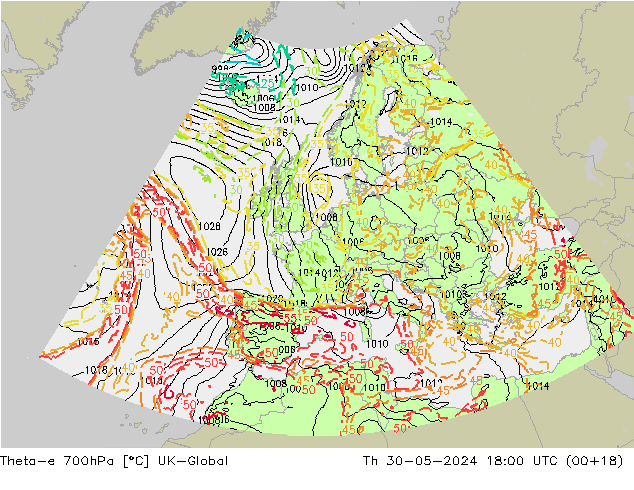 Theta-e 700hPa UK-Global Th 30.05.2024 18 UTC