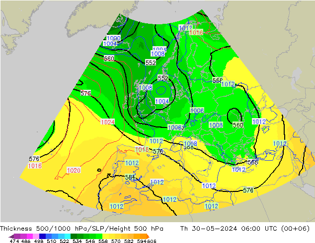 Thck 500-1000hPa UK-Global Th 30.05.2024 06 UTC