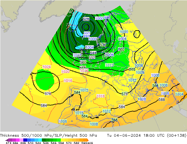 Thck 500-1000hPa UK-Global Tu 04.06.2024 18 UTC