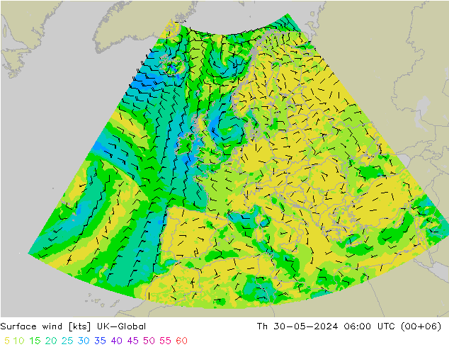 Surface wind UK-Global Th 30.05.2024 06 UTC