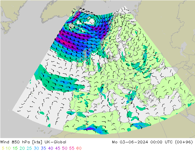 Wind 850 hPa UK-Global Po 03.06.2024 00 UTC