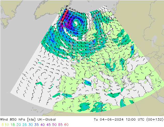 Vento 850 hPa UK-Global mar 04.06.2024 12 UTC