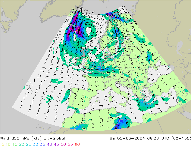 Wind 850 hPa UK-Global St 05.06.2024 06 UTC