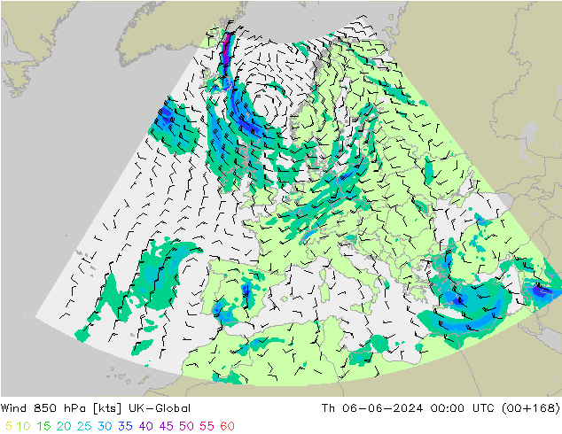 Vento 850 hPa UK-Global gio 06.06.2024 00 UTC