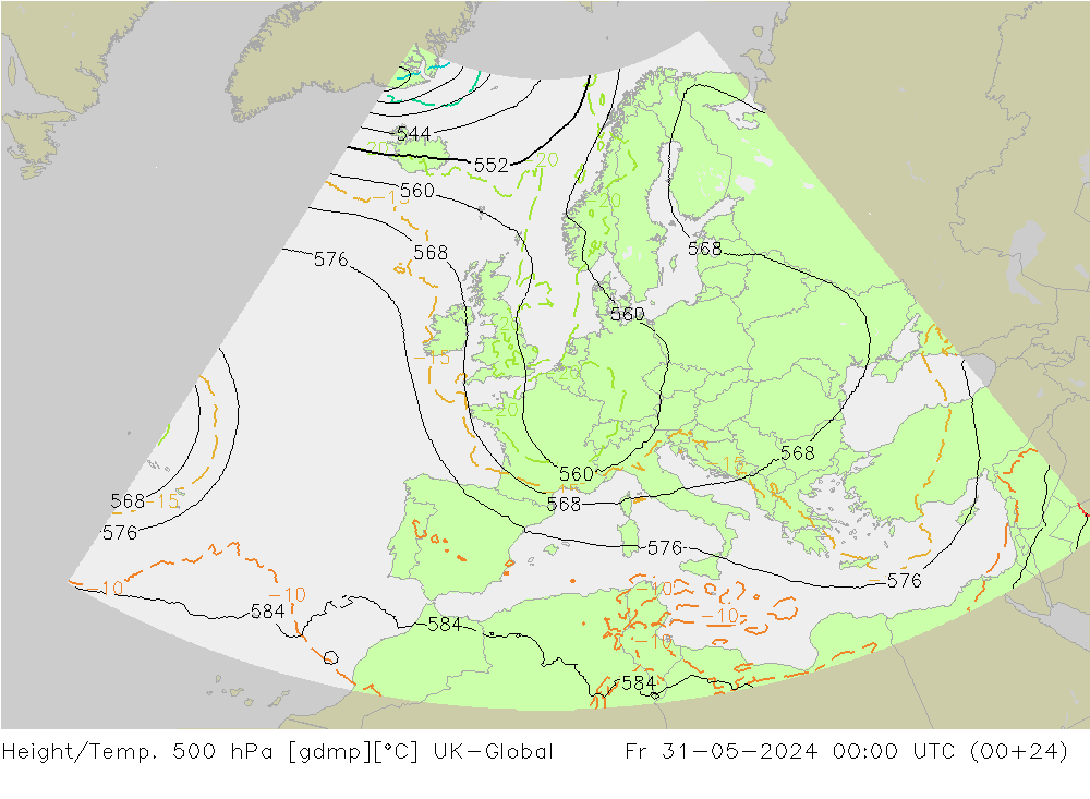 Height/Temp. 500 hPa UK-Global Fr 31.05.2024 00 UTC