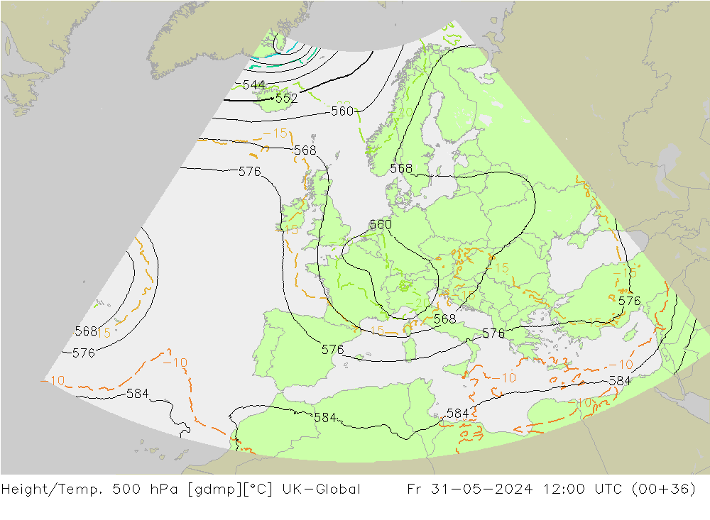 Height/Temp. 500 hPa UK-Global Fr 31.05.2024 12 UTC