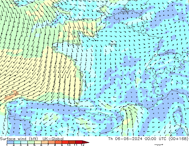 Surface wind (bft) UK-Global Čt 06.06.2024 00 UTC