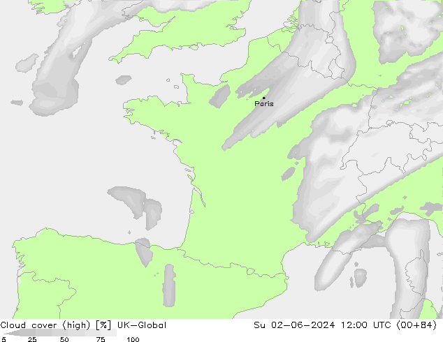Cloud cover (high) UK-Global Su 02.06.2024 12 UTC