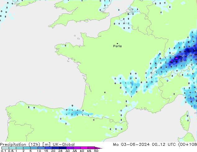 Precipitation (12h) UK-Global Po 03.06.2024 12 UTC