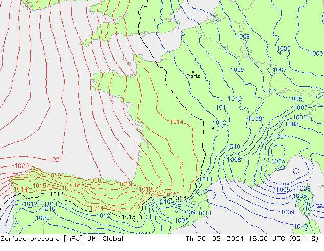 Surface pressure UK-Global Th 30.05.2024 18 UTC