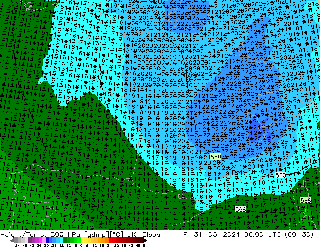 Yükseklik/Sıc. 500 hPa UK-Global Cu 31.05.2024 06 UTC