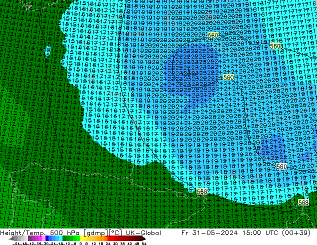 Height/Temp. 500 гПа UK-Global пт 31.05.2024 15 UTC