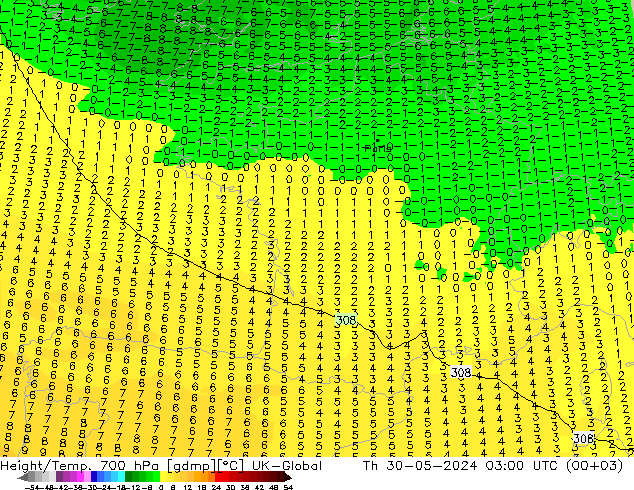 Hoogte/Temp. 700 hPa UK-Global do 30.05.2024 03 UTC
