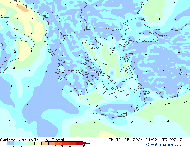 Surface wind (bft) UK-Global Th 30.05.2024 21 UTC