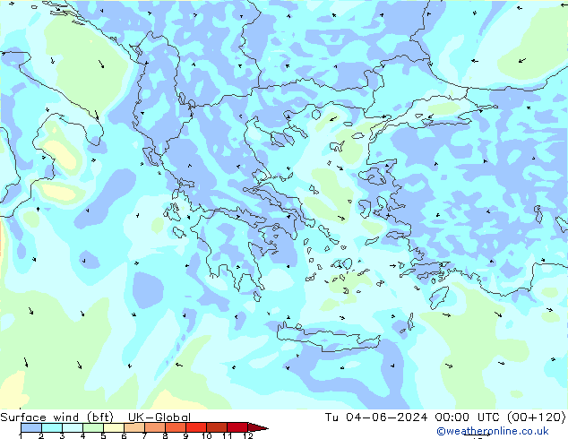 Wind 10 m (bft) UK-Global di 04.06.2024 00 UTC