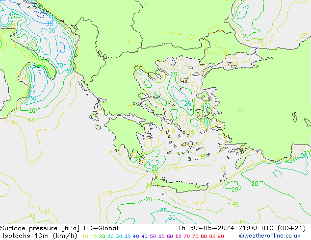 Isotachs (kph) UK-Global jeu 30.05.2024 21 UTC