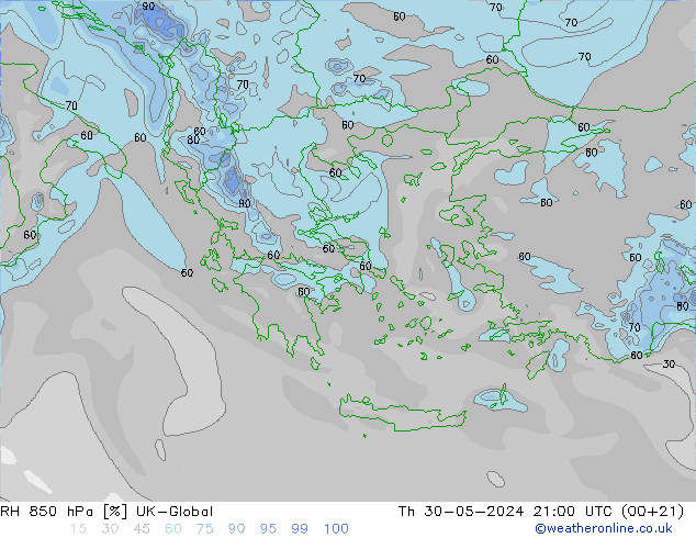 RH 850 hPa UK-Global Th 30.05.2024 21 UTC