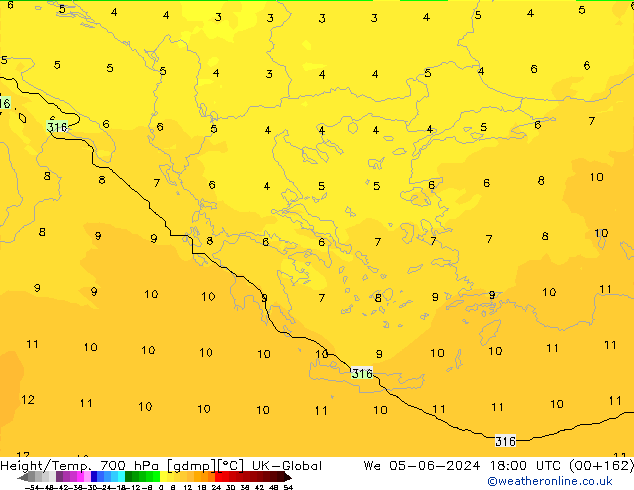 Height/Temp. 700 hPa UK-Global Qua 05.06.2024 18 UTC
