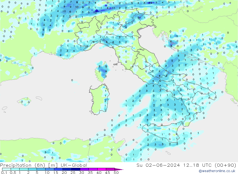 Précipitation (6h) UK-Global dim 02.06.2024 18 UTC