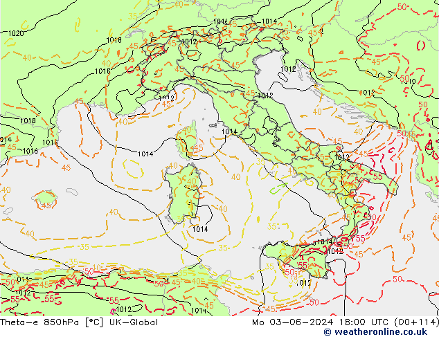 Theta-e 850hPa UK-Global Pzt 03.06.2024 18 UTC