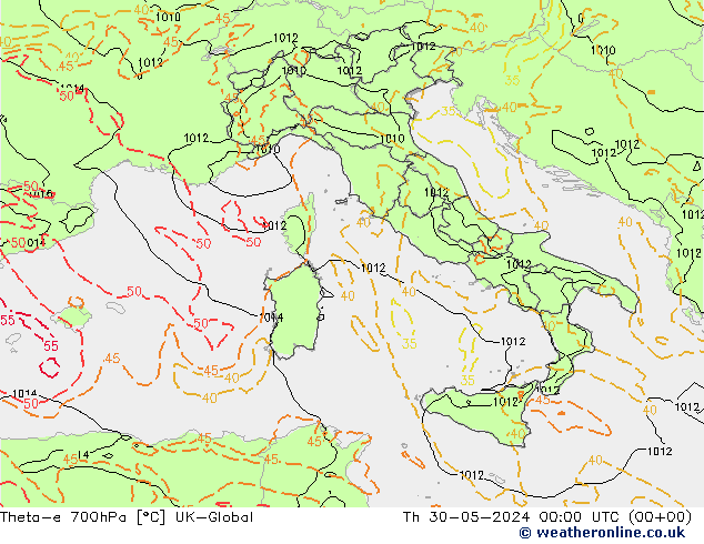 Theta-e 700hPa UK-Global Qui 30.05.2024 00 UTC