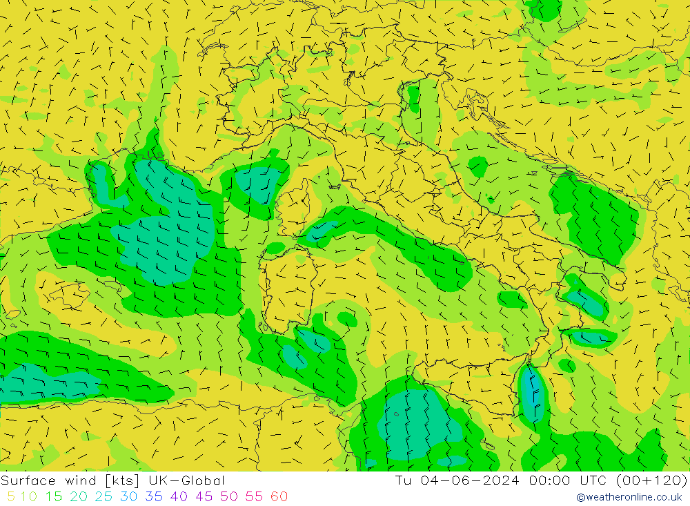 Surface wind UK-Global Tu 04.06.2024 00 UTC