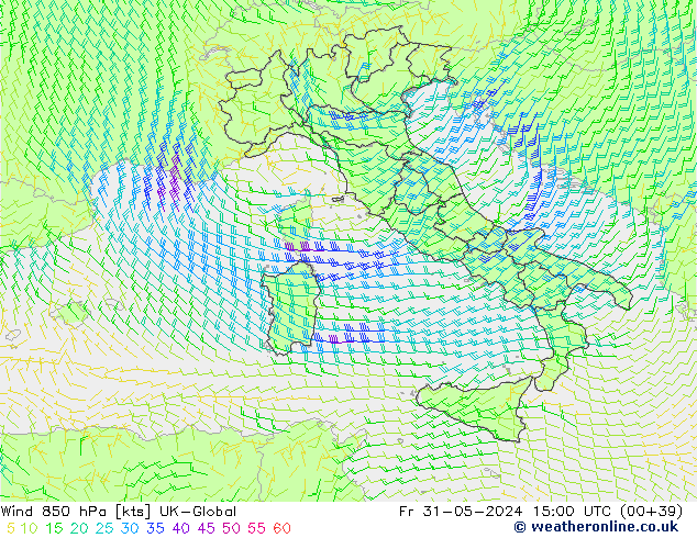 Wind 850 hPa UK-Global Fr 31.05.2024 15 UTC