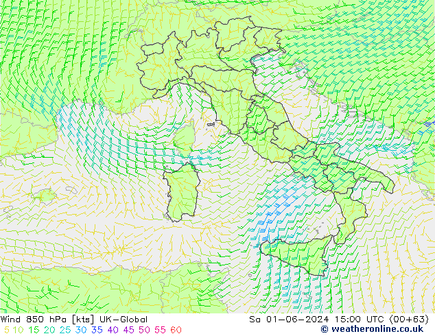 Wind 850 hPa UK-Global za 01.06.2024 15 UTC