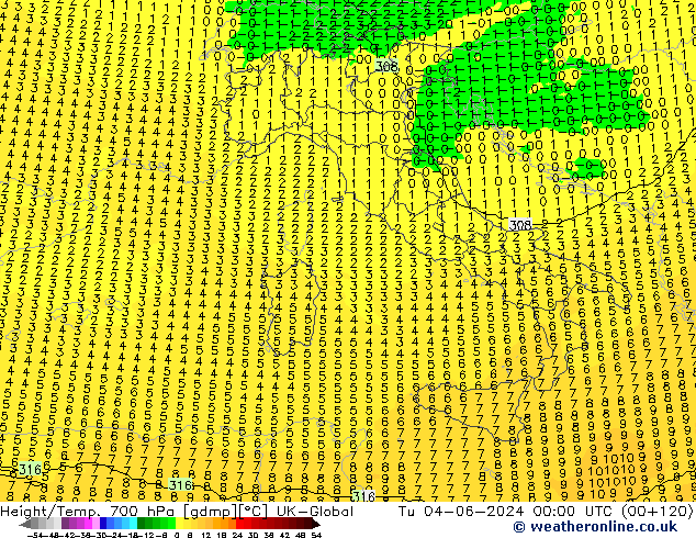 Height/Temp. 700 hPa UK-Global Tu 04.06.2024 00 UTC