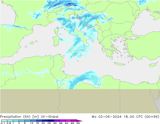 Precipitation (6h) UK-Global Mo 03.06.2024 00 UTC