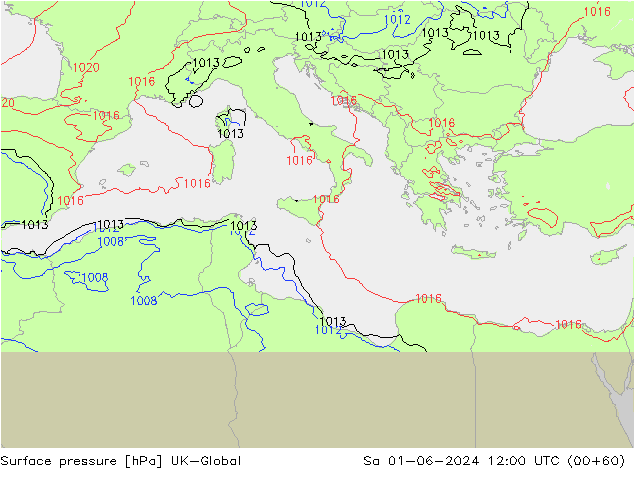 Pressione al suolo UK-Global sab 01.06.2024 12 UTC