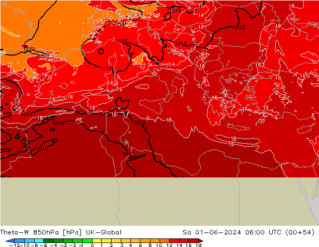 Theta-W 850hPa UK-Global Sáb 01.06.2024 06 UTC