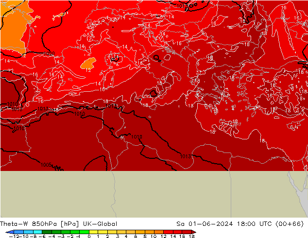 Theta-W 850hPa UK-Global za 01.06.2024 18 UTC