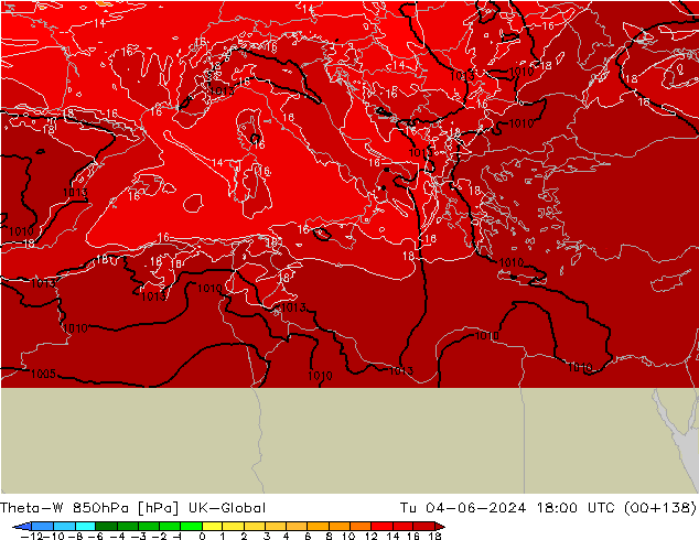 Theta-W 850гПа UK-Global вт 04.06.2024 18 UTC