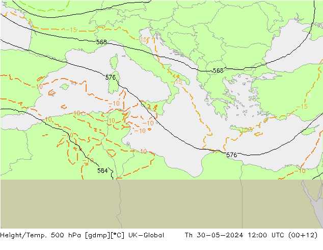 Height/Temp. 500 hPa UK-Global gio 30.05.2024 12 UTC