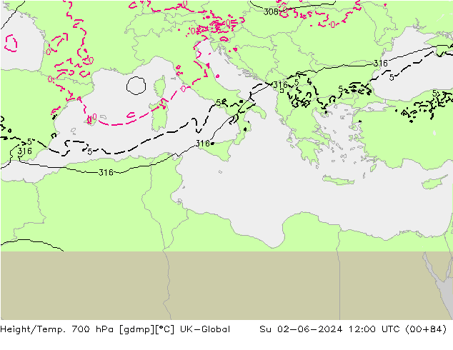 Hoogte/Temp. 700 hPa UK-Global zo 02.06.2024 12 UTC