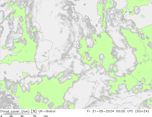 Cloud cover (low) UK-Global Fr 31.05.2024 00 UTC