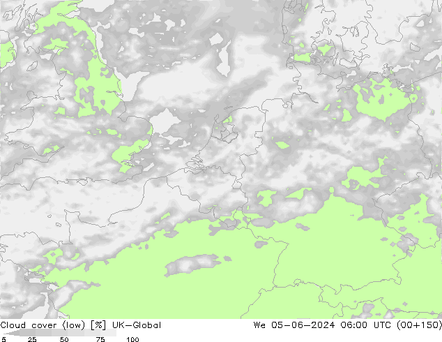 Cloud cover (low) UK-Global We 05.06.2024 06 UTC