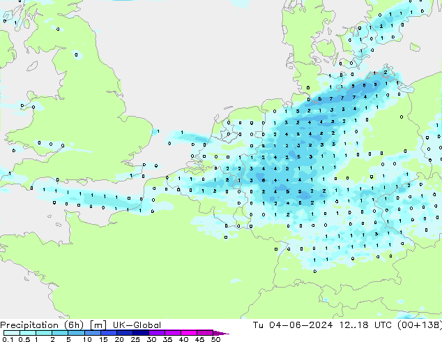 Precipitation (6h) UK-Global Út 04.06.2024 18 UTC