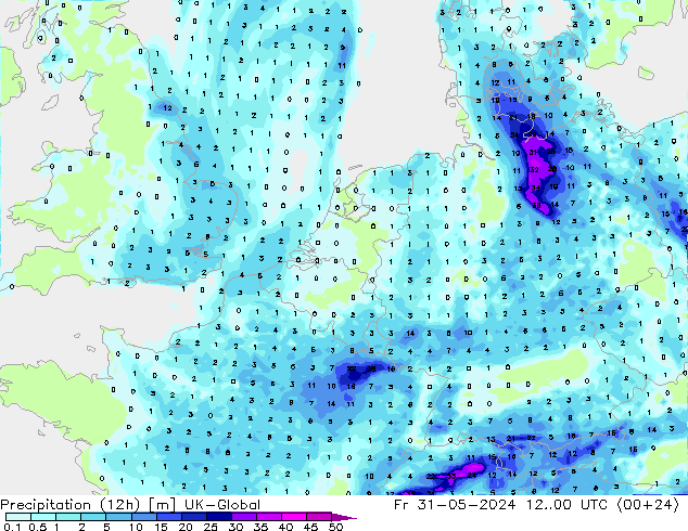 Precipitation (12h) UK-Global Fr 31.05.2024 00 UTC