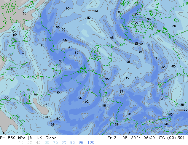 RH 850 hPa UK-Global Fr 31.05.2024 06 UTC