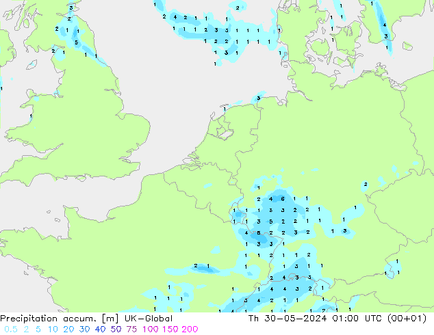 Precipitation accum. UK-Global Th 30.05.2024 01 UTC