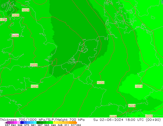 Thck 700-1000 hPa UK-Global Su 02.06.2024 18 UTC