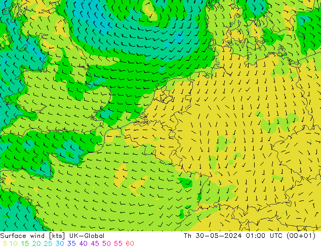 Vento 10 m UK-Global Qui 30.05.2024 01 UTC