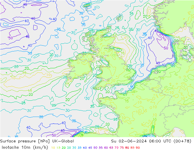 Isotachs (kph) UK-Global Su 02.06.2024 06 UTC