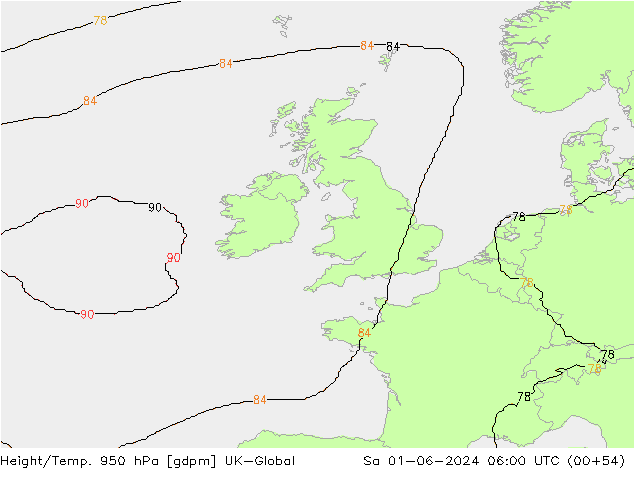 Height/Temp. 950 hPa UK-Global Sáb 01.06.2024 06 UTC