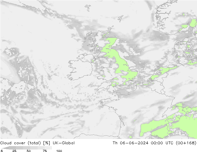 Bewolking (Totaal) UK-Global do 06.06.2024 00 UTC
