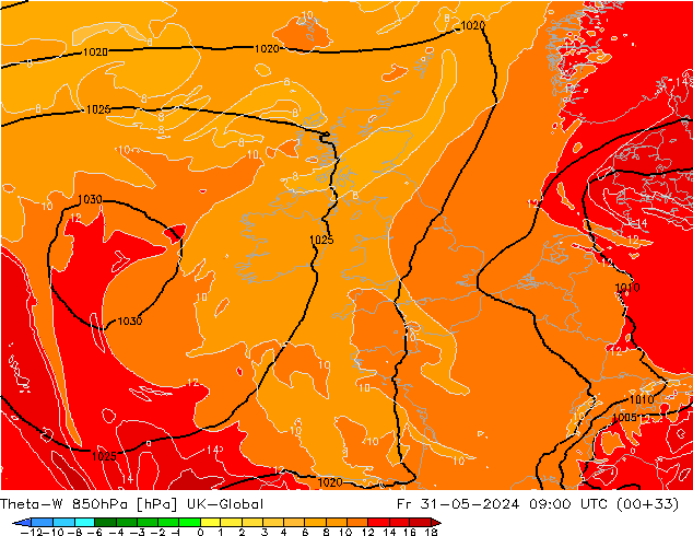 Theta-W 850hPa UK-Global Fr 31.05.2024 09 UTC