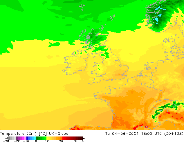 Temperatuurkaart (2m) UK-Global di 04.06.2024 18 UTC