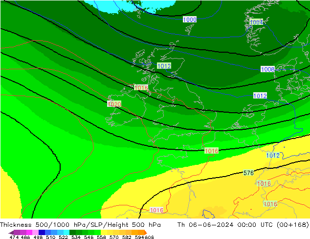 Dikte 500-1000hPa UK-Global do 06.06.2024 00 UTC